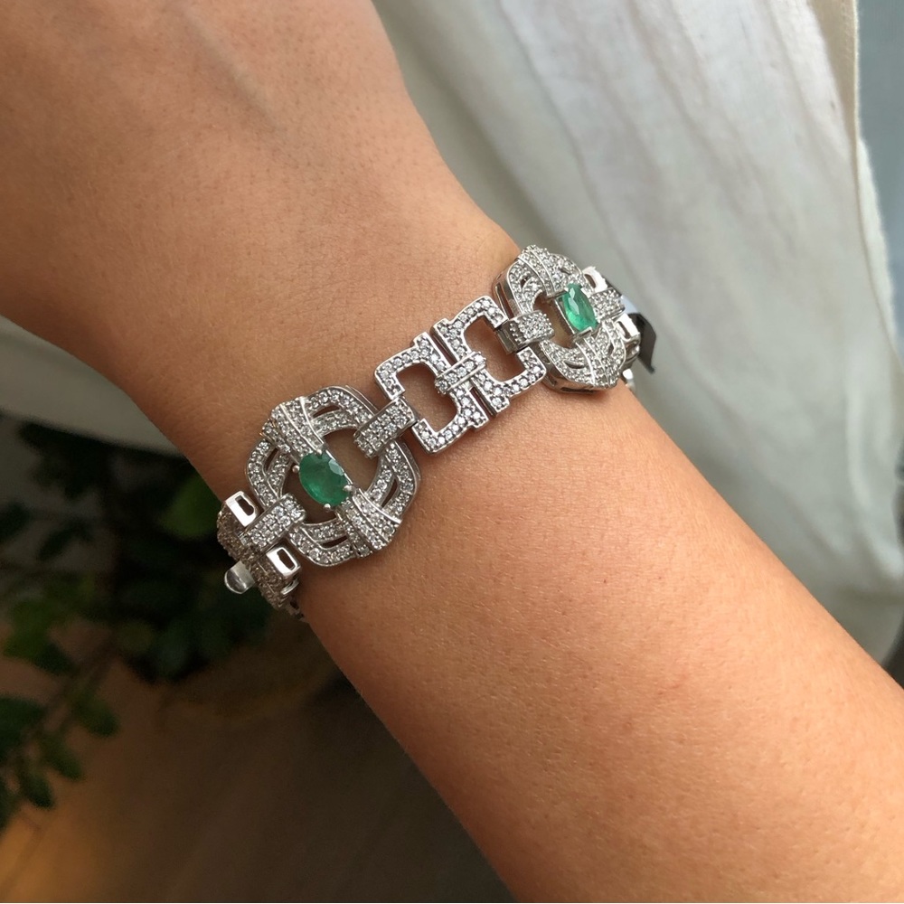 Beautiful Art deco style bracelet with real emeralds and cubic zirconia.